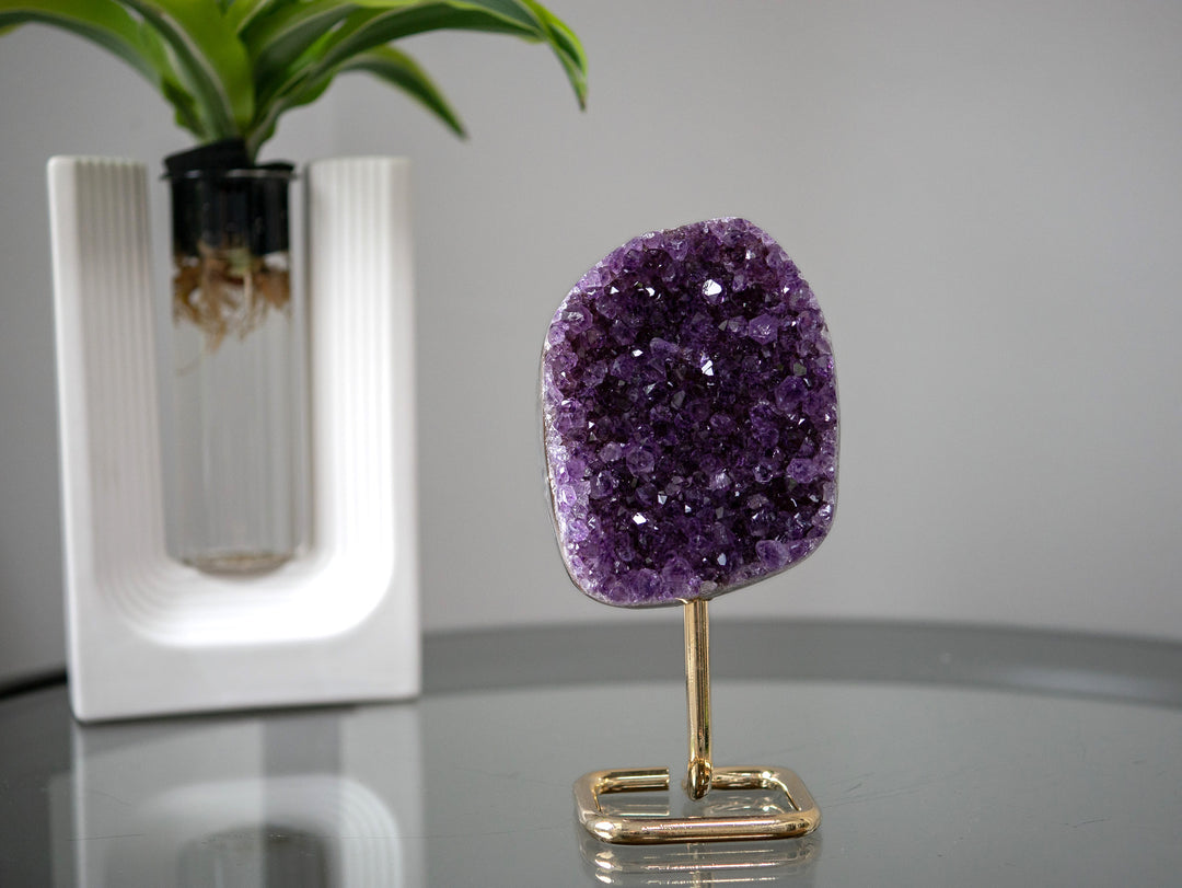 Amethyst Cluster on Gold Metal Stand