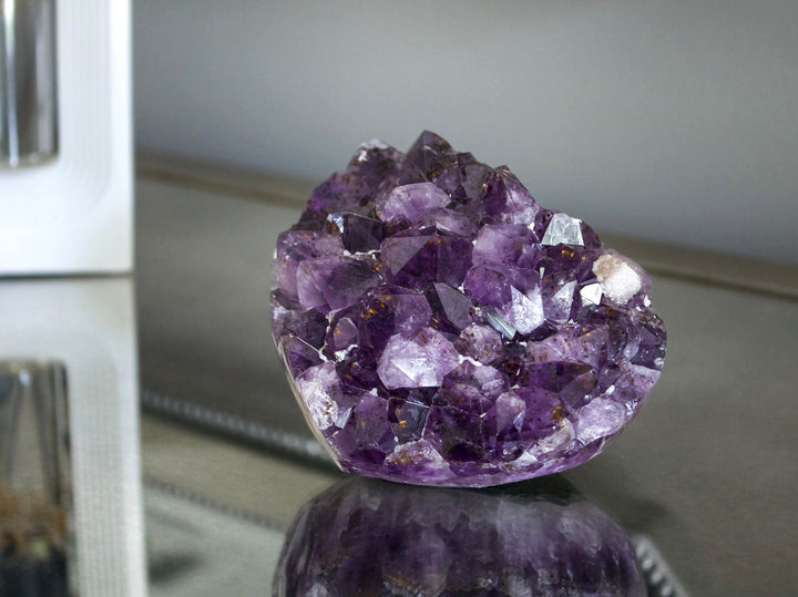 Heart-Shaped Amethyst with Golden Goethites and Sugar Calcite