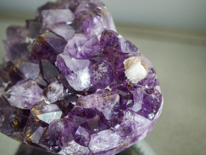 Heart-Shaped Amethyst with Golden Goethites and Sugar Calcite