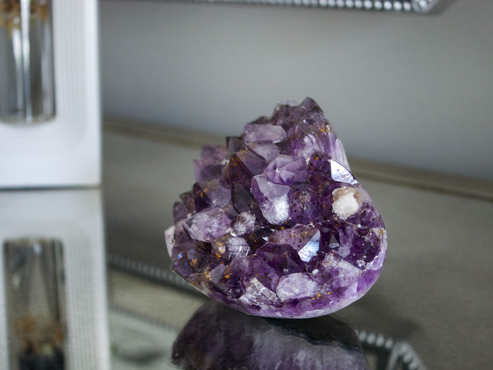 Heart-Shaped Amethyst with Golden Goethites and Sugar Calcite