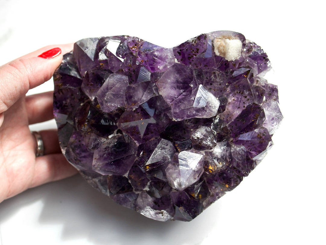 Heart-Shaped Amethyst with Golden Goethites and Sugar Calcite