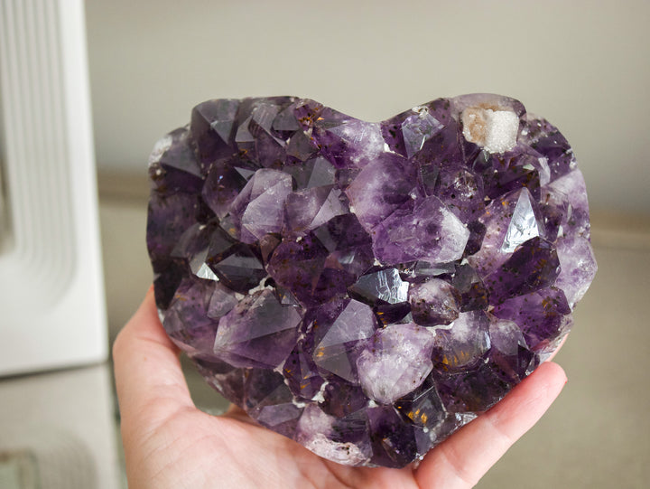Heart-Shaped Amethyst with Golden Goethites and Sugar Calcite