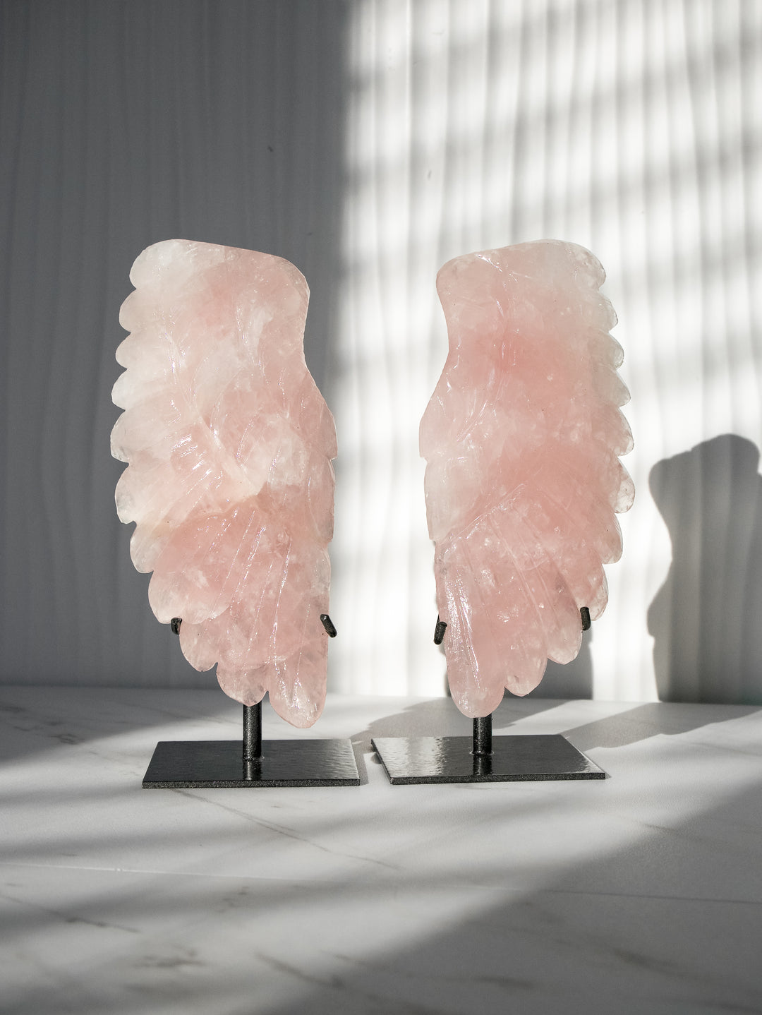 Rose Quartz Angel Wings on Metal Stands - Option 3