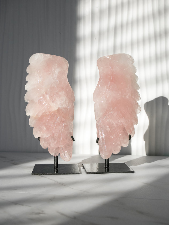 Rose Quartz Angel Wings on Metal Stands - Option 3