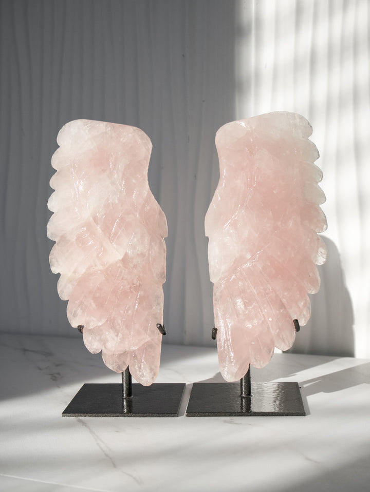 Rose Quartz Angel Wings on Metal Stands - Option 3