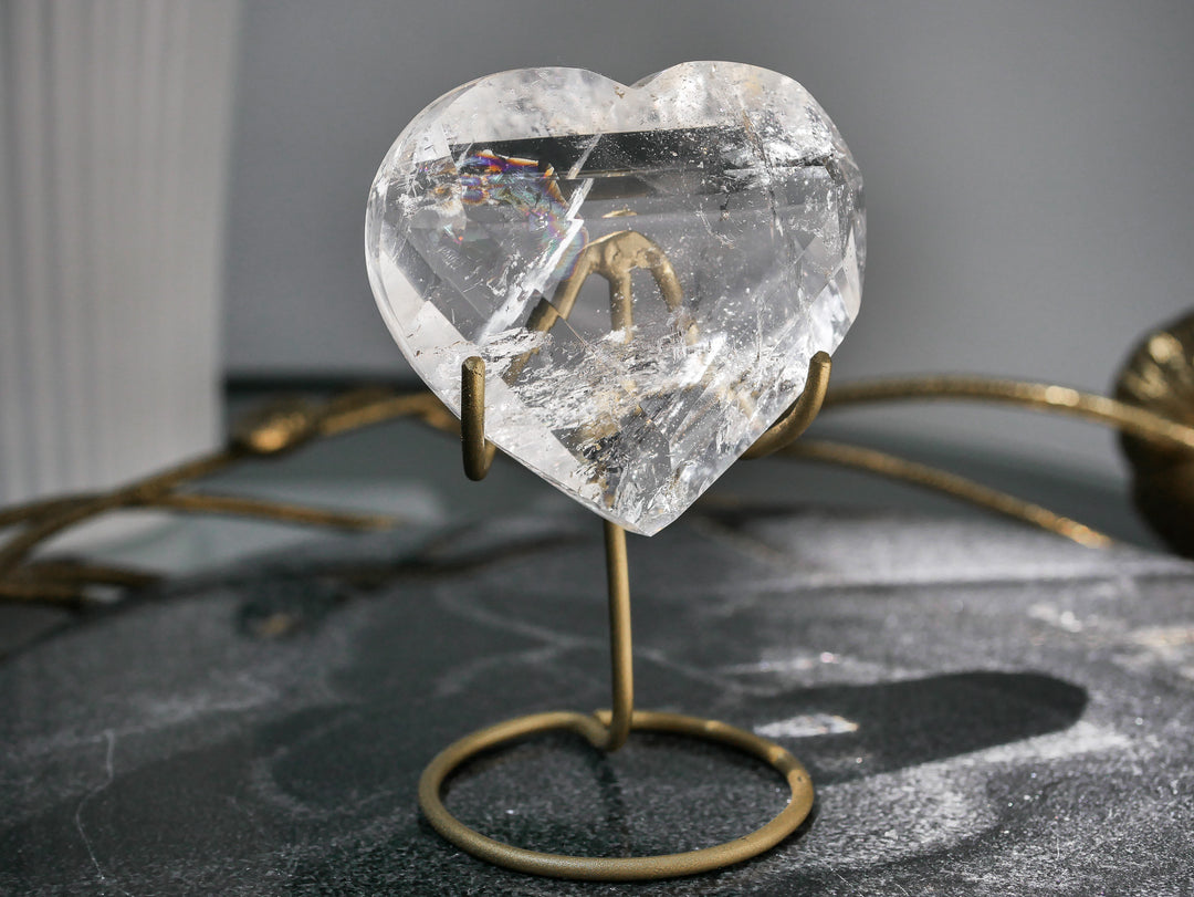 Faceted Clear Quartz Heart with Rainbows on Stand for Energy Healing
