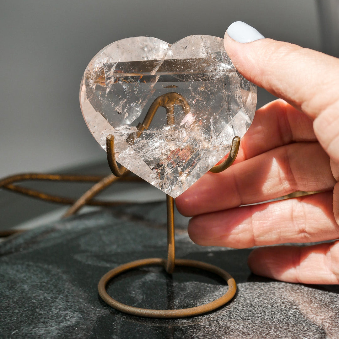 Faceted Clear Quartz Heart with Rainbows on Stand for Energy Healing