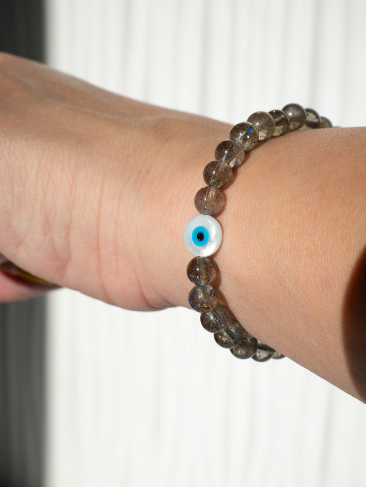 AAA Flashy Labradorite Bracelet with Mother-of-Pearl Evil-Eye