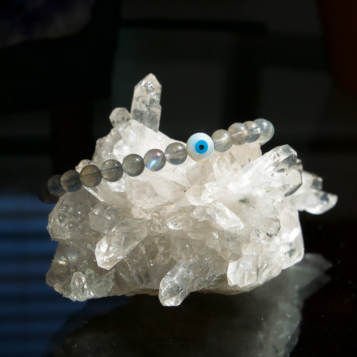 AAA Flashy Labradorite Bracelet with Mother-of-Pearl Evil-Eye