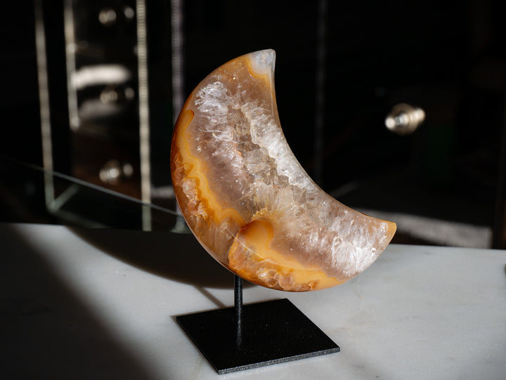 Small Orange Agate Moon on Metal Stand