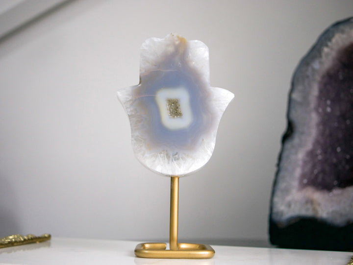 Agate Hamsa on a Gold-Tone Stand
