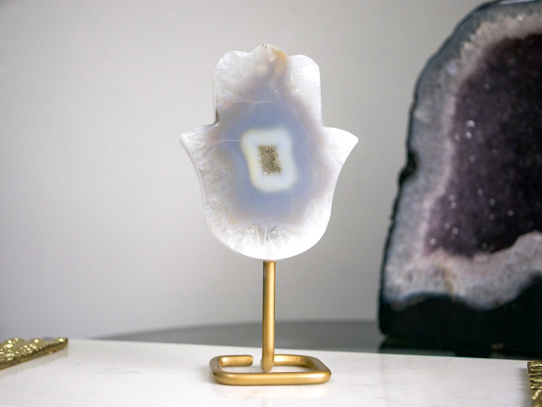 Agate Hamsa on a Gold-Tone Stand