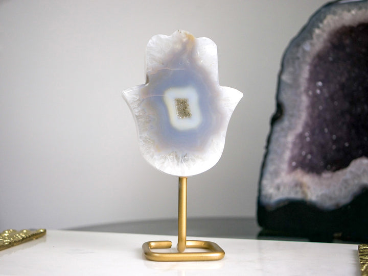 Agate Hamsa on a Gold-Tone Stand