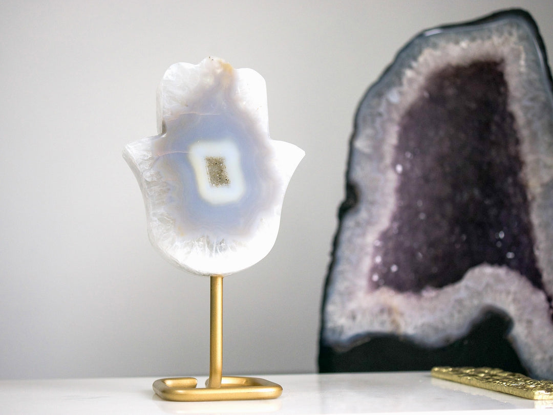 Agate Hamsa on a Gold-Tone Stand