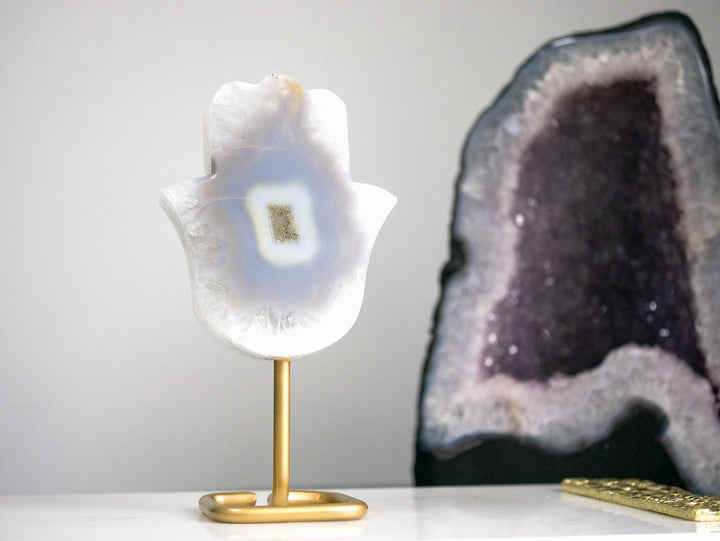 Agate Hamsa on a Gold-Tone Stand