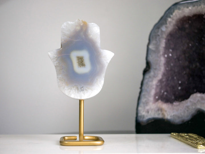 Agate Hamsa on a Gold-Tone Stand