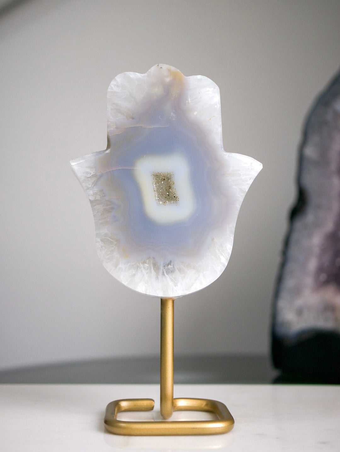 Agate Hamsa on a Gold-Tone Stand