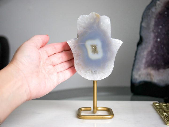 Agate Hamsa on a Gold-Tone Stand