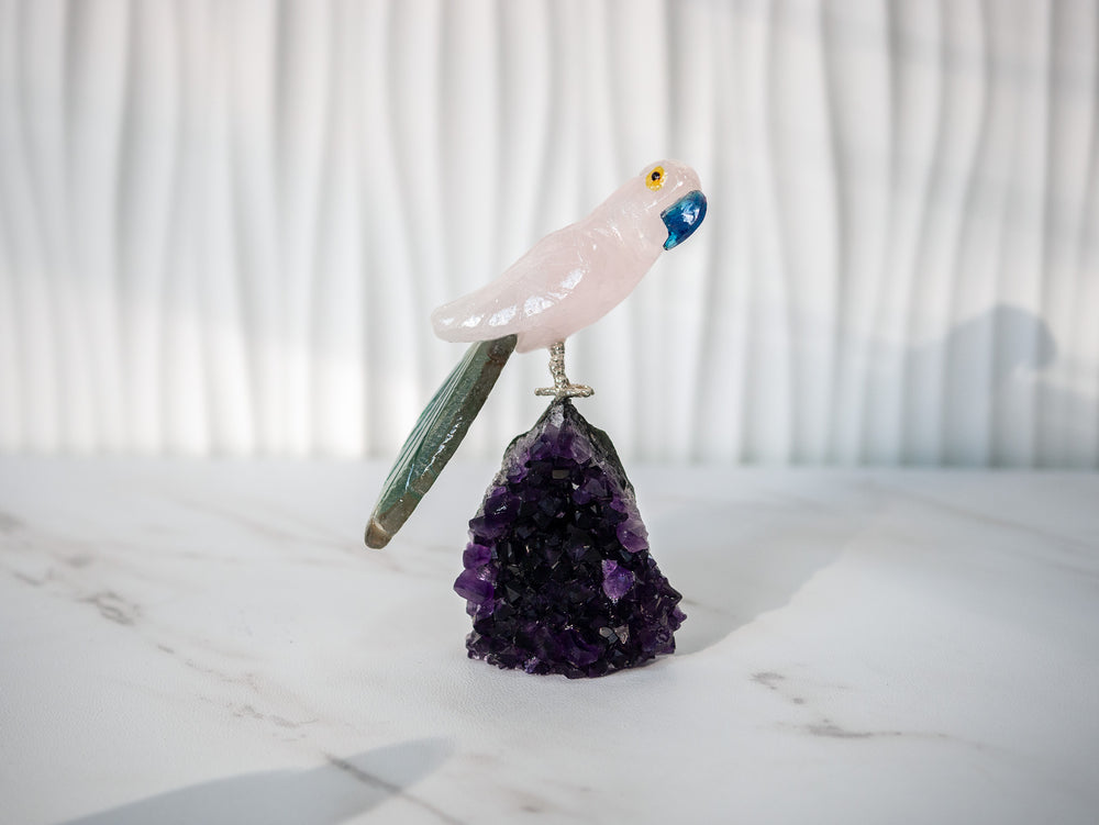 Rose Quartz and Agate Bird on Amethyst Cluster