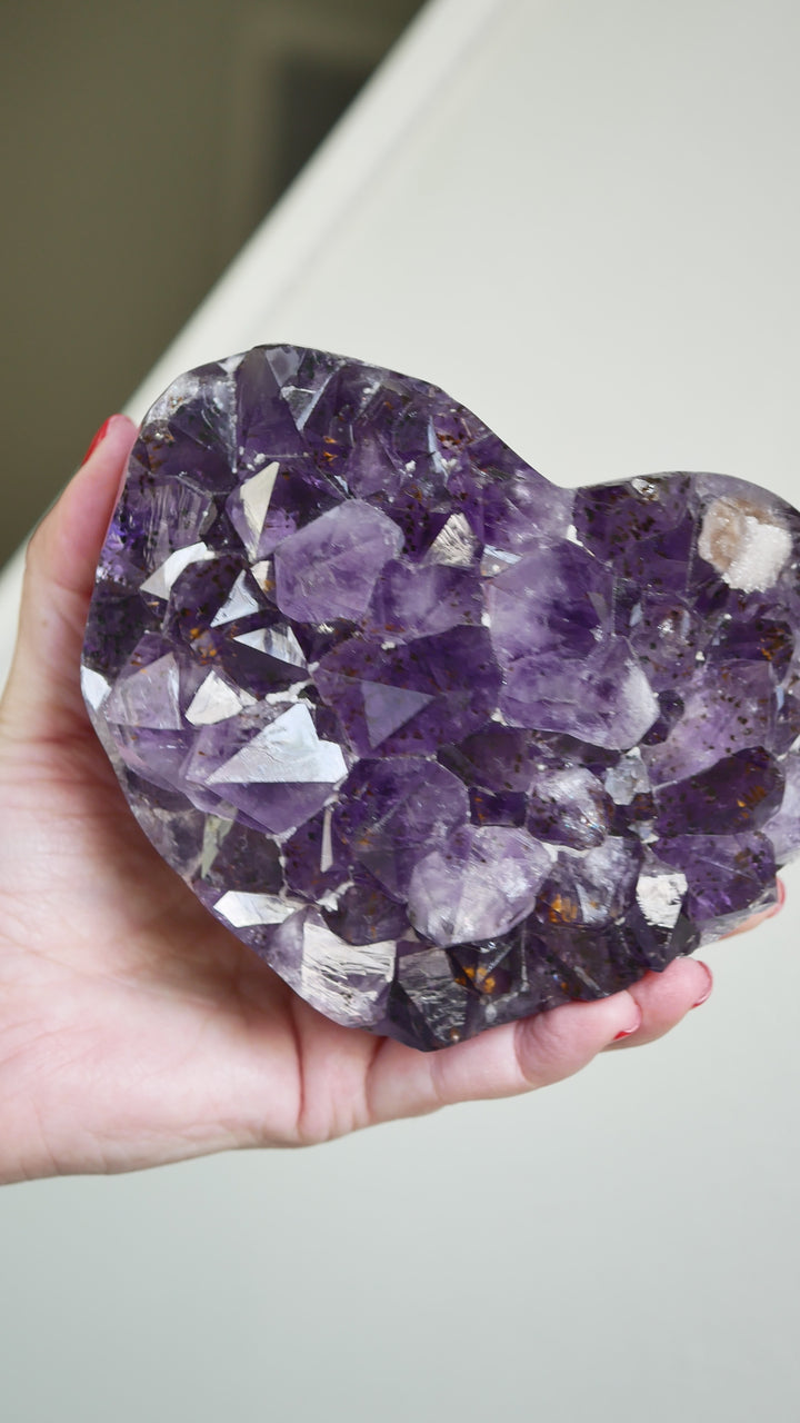 Heart-Shaped Amethyst with Golden Goethites and Sugar Calcite