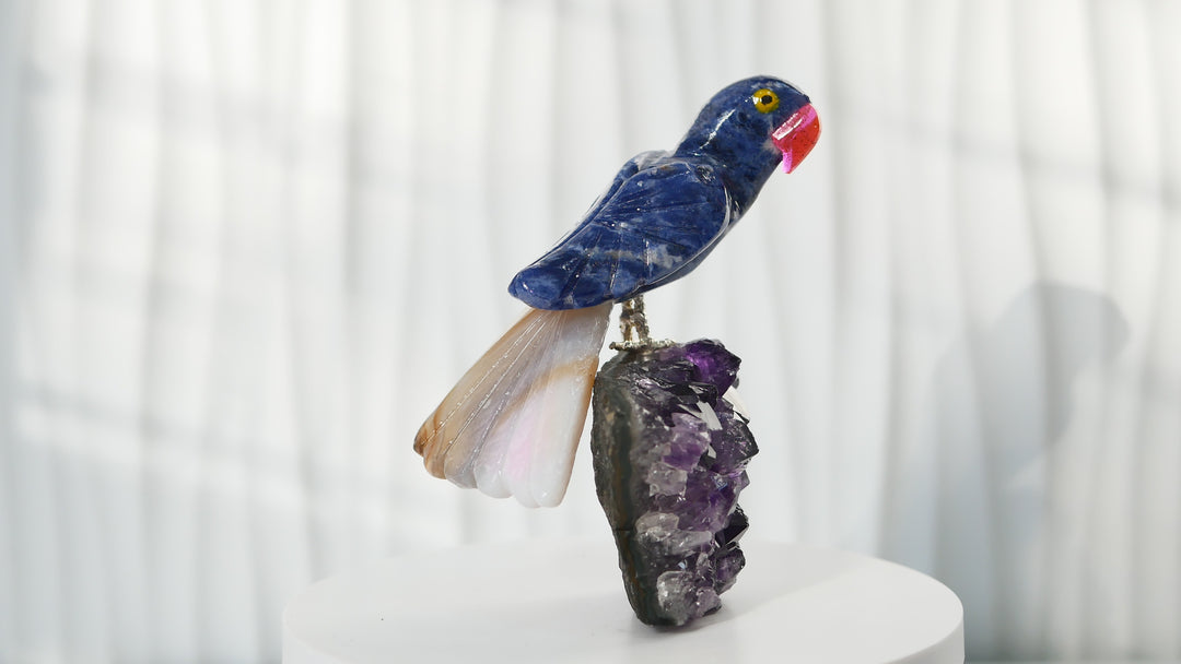 Hand-Carved Sodalite and Agate Bird on Amethyst Cluster
